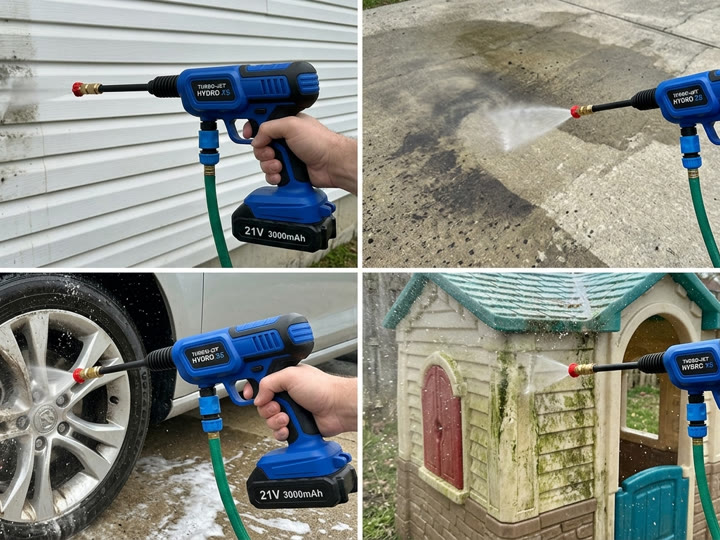 Hydro X5 cleaning vinyl siding, concrete driveway, alloy wheels, and a kid's playhouse
