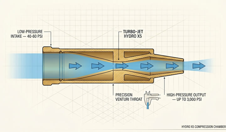 Cutaway diagram of the Hydro X5's compression chamber showing Venturi flow