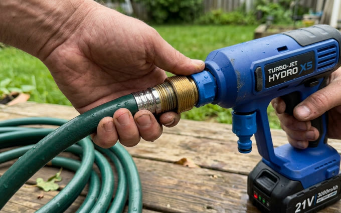 Close-up of the Hydro X5 brass threading attaching to a standard garden hose connector