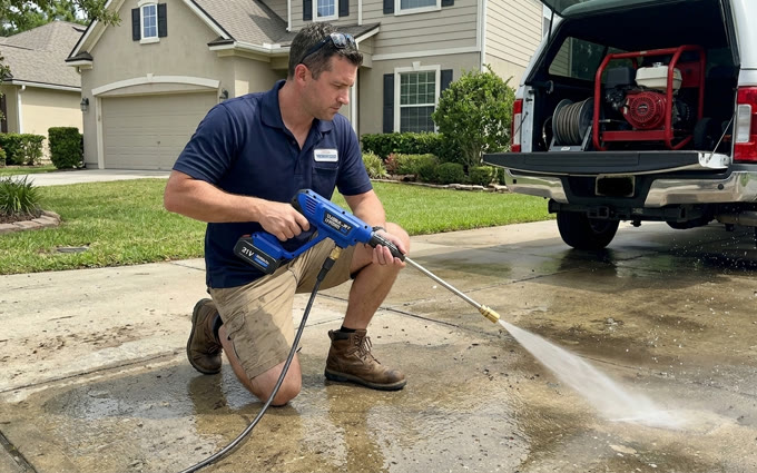 Professional cleaner using the Hydro X5 on a customer's driveway