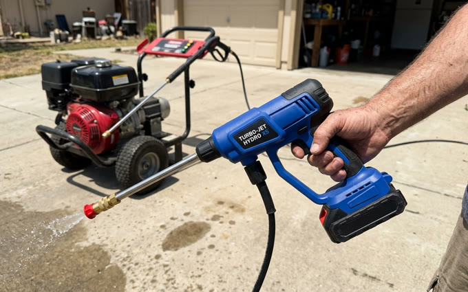 Hand holding the Hydro X5 next to a bulky gas pressure washer for size comparison